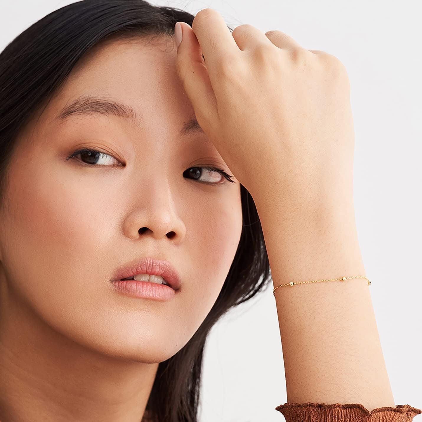 Station Bracelet in 14K Solid Gold | Bead Station Chain Bracelet for Women | 14K Real Gold Bead Thin Chain Bracelet | Link Bracelet, Adjustable, 6+1 Inch