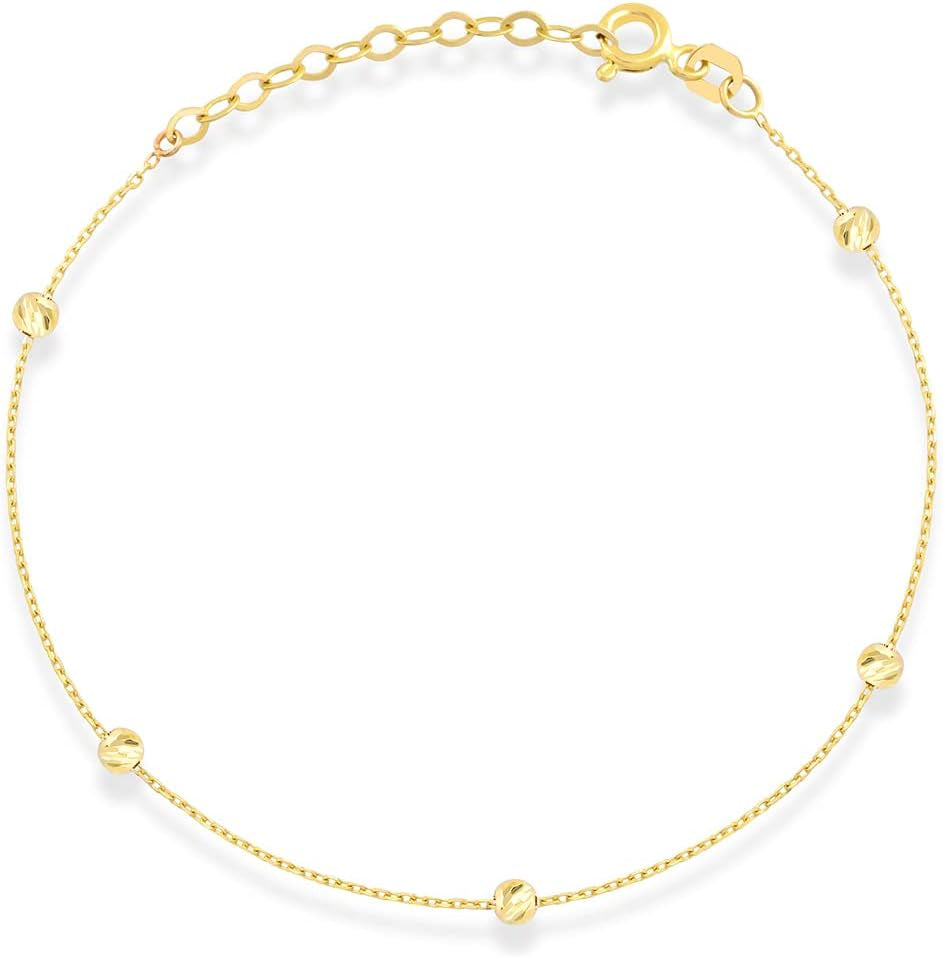 Station Bracelet in 14K Solid Gold | Bead Station Chain Bracelet for Women | 14K Real Gold Bead Thin Chain Bracelet | Link Bracelet, Adjustable, 6+1 Inch
