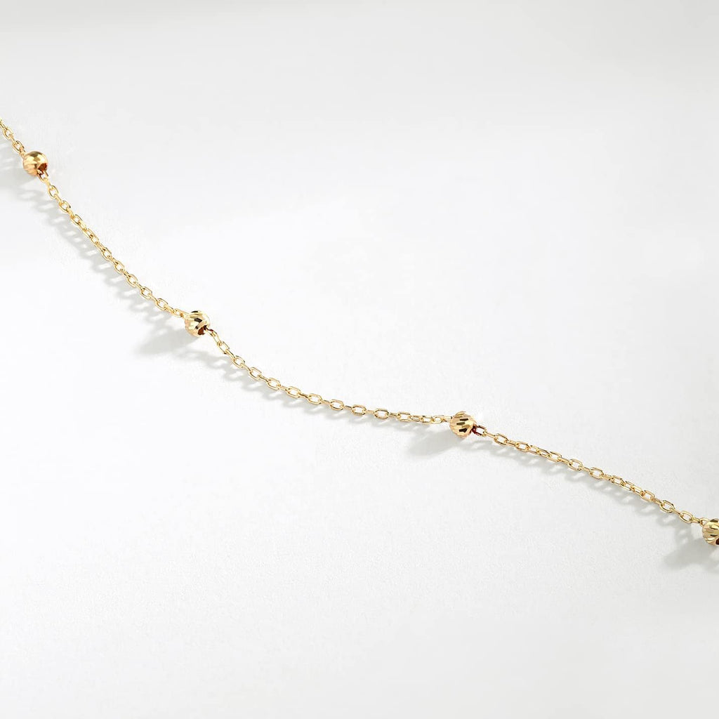 Station Bracelet in 14K Solid Gold | Bead Station Chain Bracelet for Women | 14K Real Gold Bead Thin Chain Bracelet | Link Bracelet, Adjustable, 6+1 Inch